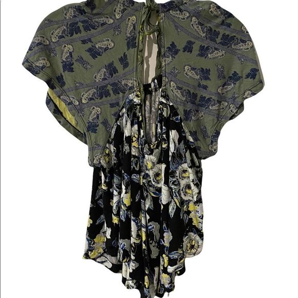 Free people Women's Baja Babe Blouse Boho Flowers Tie Back Cold Shoulder Top - Picture 3 of 5